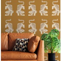 Senffarbene Tiger-Tapete Zum Abziehen Und Aufkleben, Azteken-Tiger-Tapete, Abnehmbare Vintage-Tapete, Selbstklebende Retro-Tapete, Abziehen Aufkleben von RetroDesignWallpaper