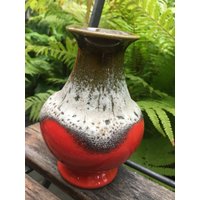 Vintage Vase Fat Lava Nr. 6614 Keramik Handarbeit 60Er Jahre Blumenvase Rot Oliv Grün Weiß von RetroRauschen