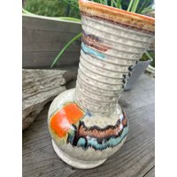 Vintage Vase Keramik Handarbeit 60Er Jahre Blumenvase Beige Orange Geriffelt 61 von RetroRauschen