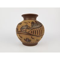 Vintage Hükli-Keramik Klinker Vase Mit Eingebranntem Dekor, Westdeutsche Keramik 1950Er von RetroVases