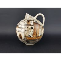 Vintage Jawe Edelkeramik Handbemalte Krug Vase Mit Castell Dekor Segelboot West German Pottery 1950Er Jahre von RetroVases