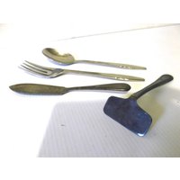 Vintage Mcm Silber Kinder Utensil Gabel Und Löffel Set Mit Schiebelöffel von Retromagination