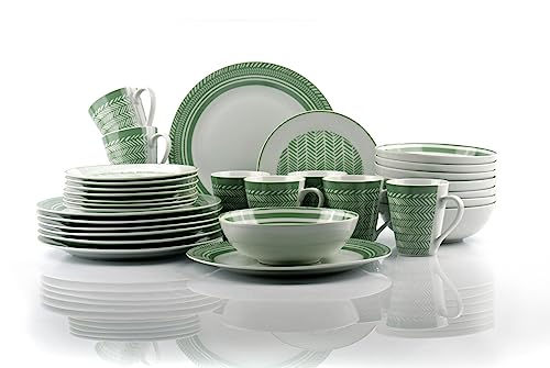 Kombiservice Tafelgeschirr HERRINGBONE Set 32teilig für 8 Personen/Porzellan rund/Fischgrät-Design - Zick-Zack-Muster in Salbeigrün u. Weiß/Waterside England by Retsch Arzberg von Retsch Arzberg