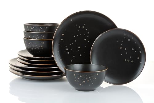 Kombiservice Tafelgeschirr MYSTIC 12teilig für 4 Personen/Steinzeug runde Form/edles Ebony mit Rotgold Dekor/Geschirrset Waterside by Retsch Arzberg von Retsch Arzberg