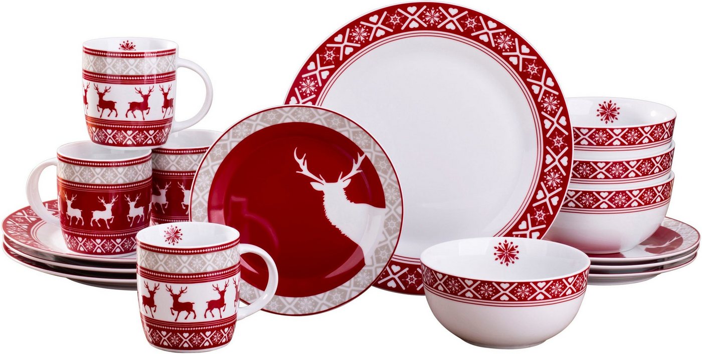 Retsch Arzberg Kombiservice Geschirr-Set, Service Nordic Reindeer, Winter, Advent, Weihnachten (16-tlg), 4 Personen, Porzellan, Rentier-Design, 16 Teile, für 4 Personen von Retsch Arzberg