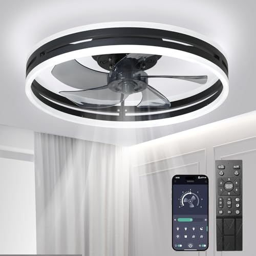 Leise Deckenventilator Mit Beleuchtung 50W Dimmbare Deckenleuchte Mit Fernbedienung Und APP 6 Geschwindigkeiten Lampe Mit Ventilator Timer Schlafzimmer Wohnzimmer Licht Schwarz,40cm von Revneey