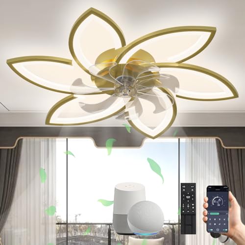 Revneey Leise Deckenventilator Mit Beleuchtung LED 66W Lampe Mit Ventilator Mit Alexa Google Assistant Deckenlampe Mit Ventilator Dimmbar 6 Geschwindigkeitsstufen Für Schlafzimmer Wohnzimmer,Gold von Revneey