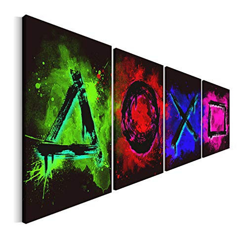 Revolio Leinwandbild Wandbilder Wohnzimmer Modern Kunstdruck Wanddekoration Deko Mehrteilige Leinwand Bilder 4 Teilig TYP C, 120 x 40 cm - Spielkonsole Gamer Game Spielerzimmer von Revolio