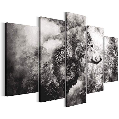 Revolio Leinwandbild Wandbilder Wohnzimmer Modern Kunstdruck Wanddekoration Deko Mehrteilige Leinwand Bilder 5 Teilig TYP A, 200 x 100 cm - Tier Wolf Nebel Grau schwarz von Revolio