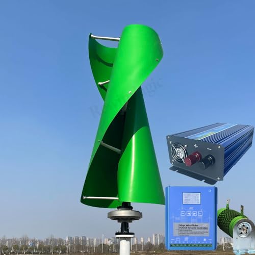2000W Windkraftanlage vertikaler 48V Windgenerator mit hybridem MPPT-Controller Wechselrichter für 220V Hausgebrauch 2KW Windturbine Windräder (Grüne Farbe) von Rewindagic