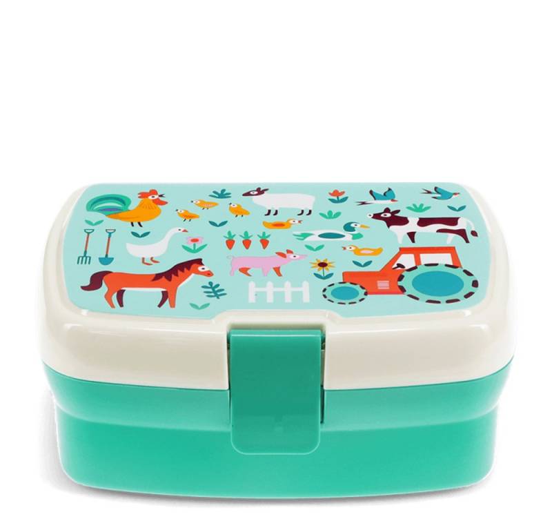 Rex London Lunchbox Lunchbox mit herausnehmbaren Fach Bauernhof, Kunststoff, (mit Clipverschluss, 2-tlg., ca. 17 x 13 x 7,5 cm), Farmyard-Motiv, Snack Obst Behälter Dose Box von Rex London