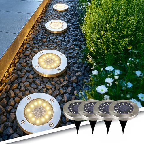 RexTech ​Solar Bodenstrahler 4er Set aus Edelstahl – Warmweiß 15 Lumen – IP65 Wasserdicht – Außenleuchte mit Erdspieß für Garten & Wege von RexTech