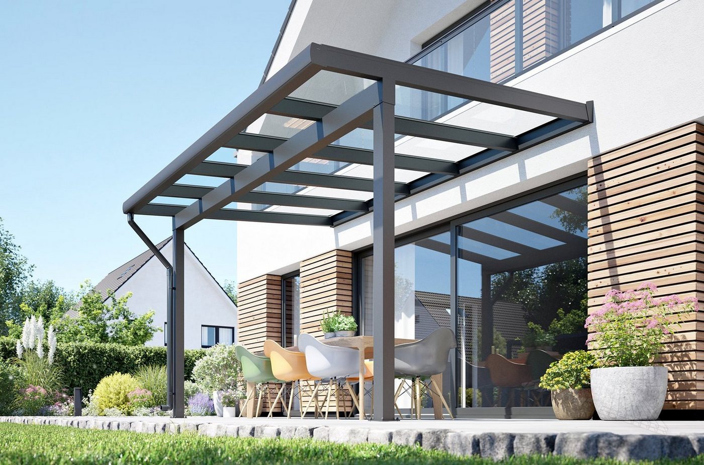 Rexin Terrassendach REXOclassic – 4m x 2m elegantes Aluminium Terrassendach, BxT: 406x200 cm, Bedachung VSG-Glas klar oder VSG-Glas grau, 4mm starke Profile, Terassenüberdachung, Vordach von Rexin