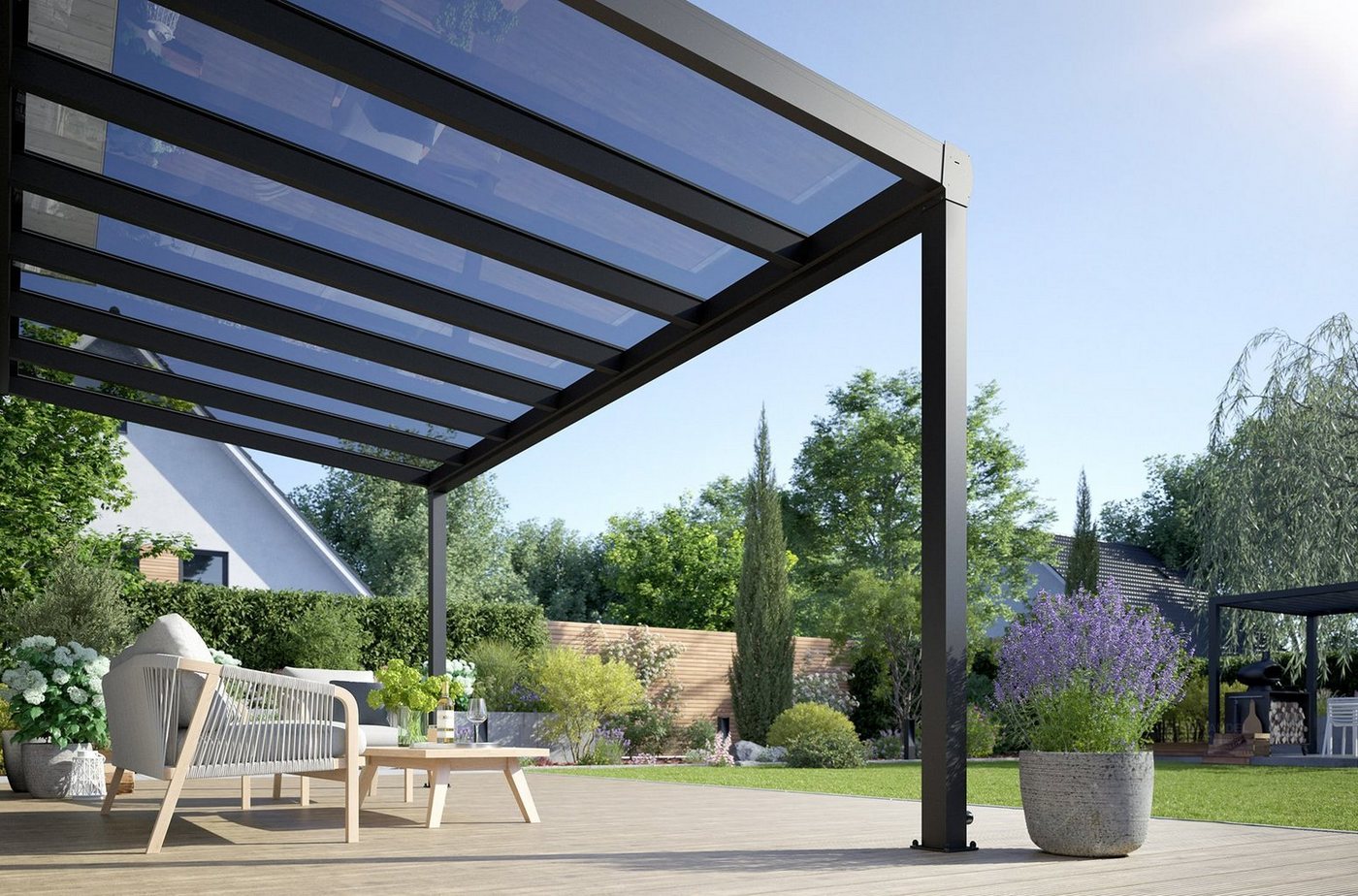 Rexin Terrassendach REXOpremium – hochwertiges Aluminium Terrassendach 4m x 2,5m, BxT: 406x250 cm, Bedachung VSG-Glas klar oder VSG-Glas grau, mit 4mm starken Profilen, Terassenüberdachung, Vordach von Rexin