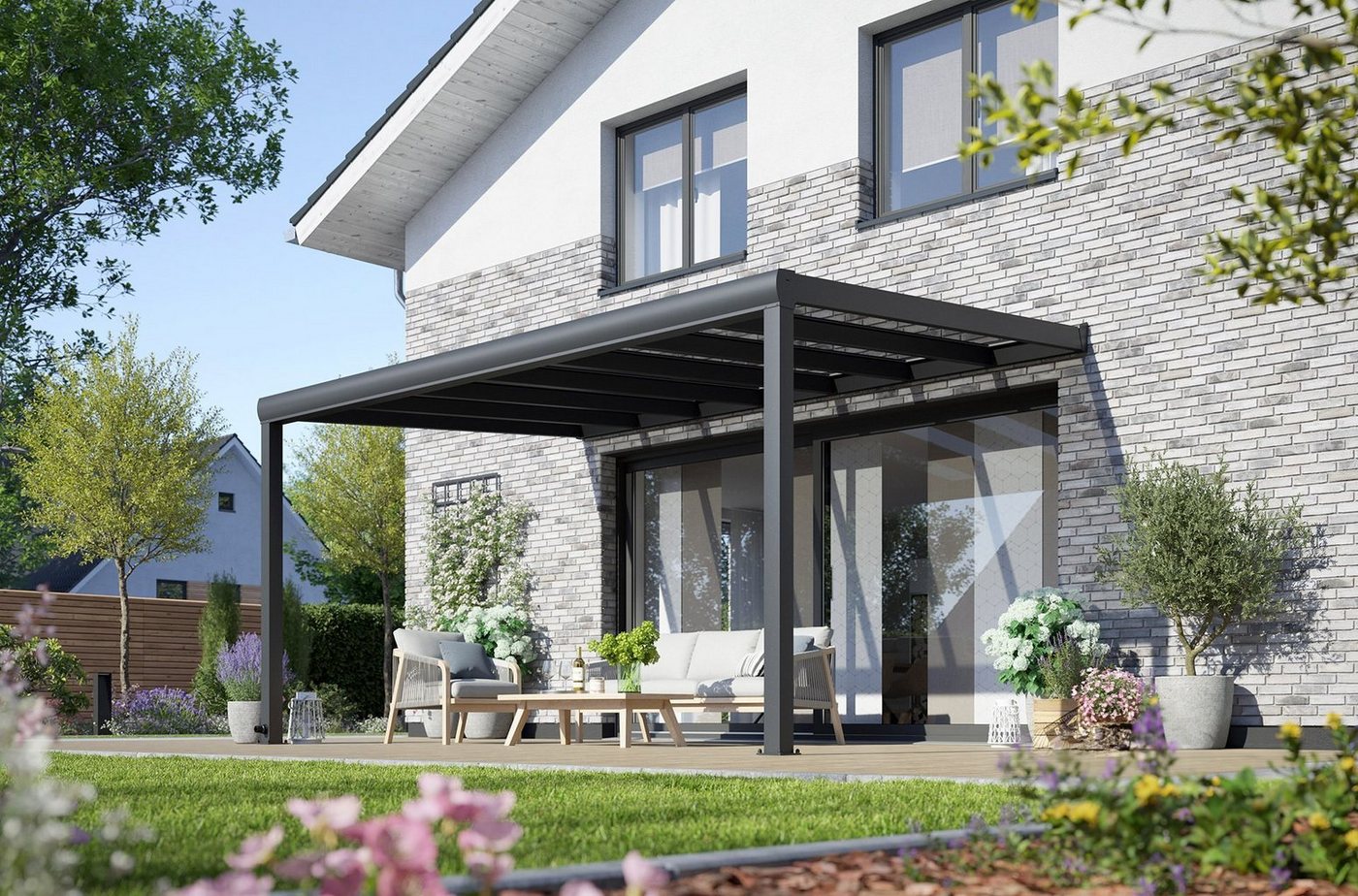 Rexin Terrassendach REXOpremium – hochwertiges Aluminium Terrassendach 4m x 3m, BxT: 406x300 cm, Bedachung VSG-Glas klar oder VSG-Glas grau, mit 4mm starken Profilen, Terrassenüberdachung, Vordach von Rexin