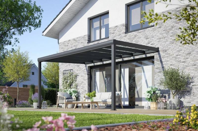 Rexin Terrassendach REXOpremium – hochwertiges Aluminium Terrassendach 4m x 3m, BxT: 406x300 cm, Bedachung VSG-Glas klar oder VSG-Glas grau, mit 4mm starken Profilen, Terrassenüberdachung, Vordach von Rexin
