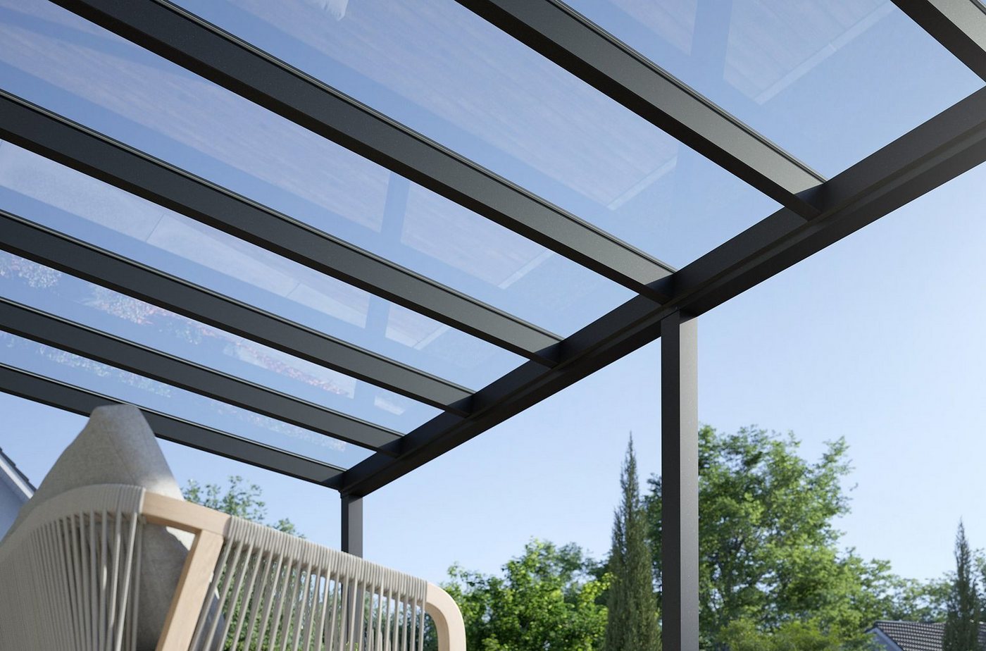 Rexin Terrassendach REXOpremium – hochwertiges Aluminium Terrassendach 5m x 2,5m, BxT: 506x250 cm, Bedachung VSG-Glas klar oder VSG-Glas grau, mit 4mm starken Profilen, Terassenüberdachung, Vordach von Rexin
