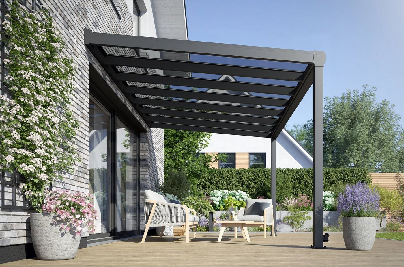 Rexin Terrassendach REXOpremium – hochwertiges Aluminium Terrassendach 5m x 2m, BxT: 506x200 cm, Bedachung VSG-Glas klar oder VSG-Glas grau, mit 4mm starken Profilen, Terassenüberdachung, Vordach von Rexin