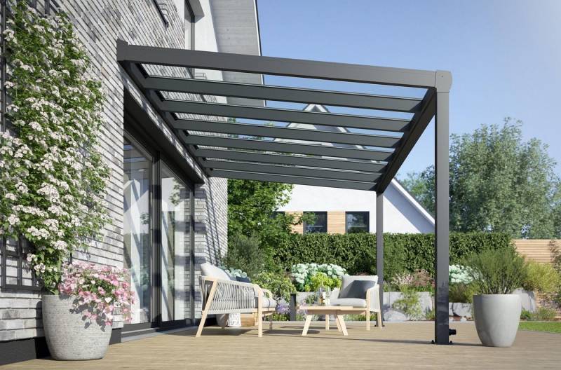 Rexin Terrassendach REXOpremium – hochwertiges Aluminium Terrassendach 5m x 2m, BxT: 506x200 cm, Bedachung VSG-Glas klar oder VSG-Glas grau, mit 4mm starken Profilen, Terassenüberdachung, Vordach von Rexin