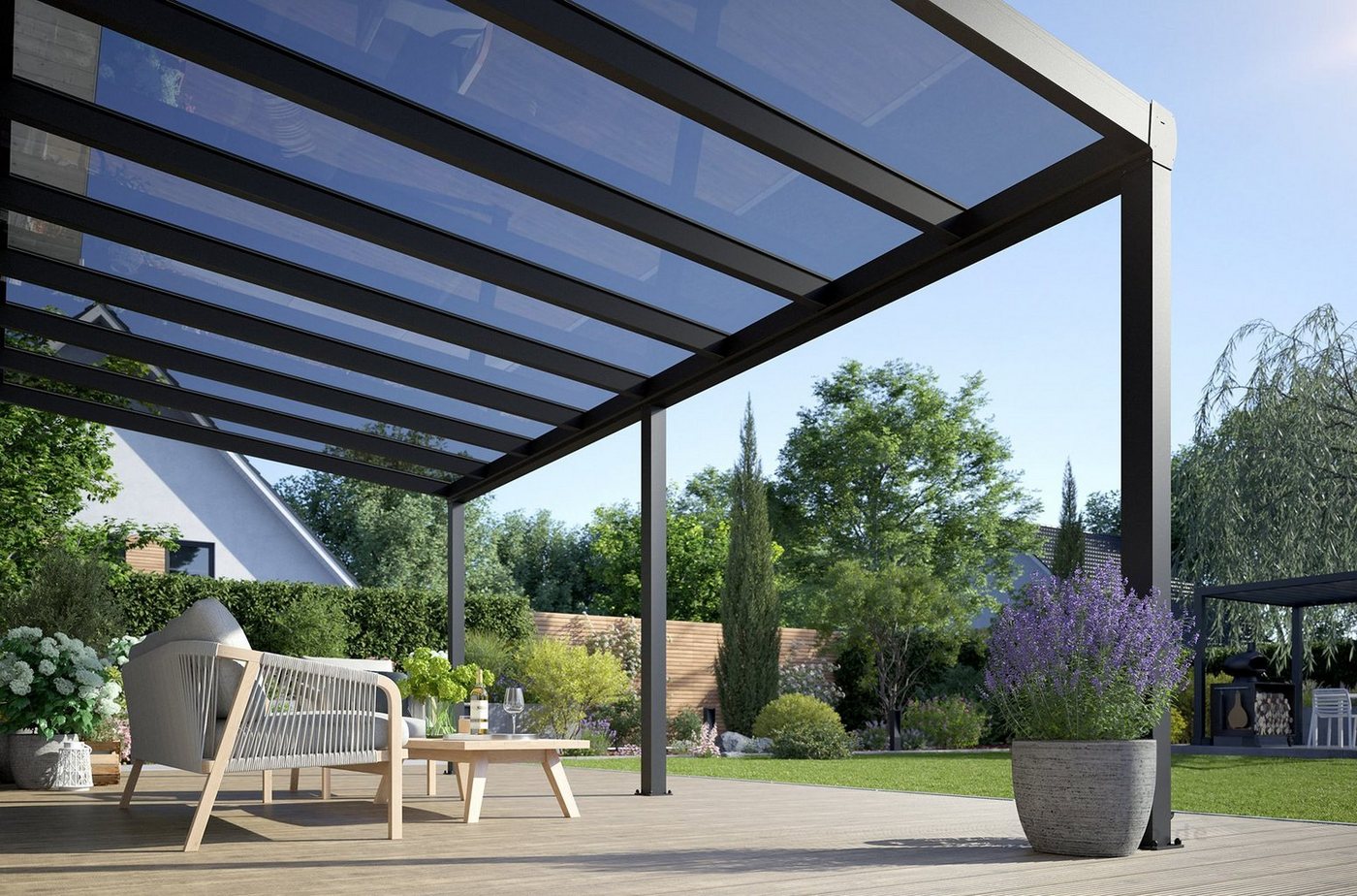 Rexin Terrassendach REXOpremium – hochwertiges Aluminium Terrassendach 6m x 2,5m, BxT: 606x250 cm, Bedachung VSG-Glas klar oder VSG-Glas grau, mit 4mm starken Profilen, Terassenüberdachung, Vordach von Rexin