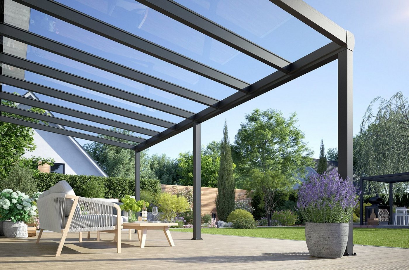 Rexin Terrassendach REXOpremium – hochwertiges Aluminium Terrassendach 6m x 2m, BxT: 606x200 cm, Bedachung VSG-Glas klar oder VSG-Glas grau, mit 4mm starken Profilen, Terassenüberdachung, Vordach von Rexin