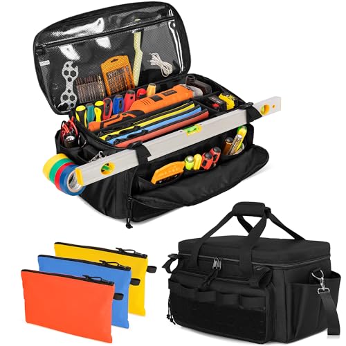 Rexmica Werkzeugtasche für Männer mit 3 Reißverschluss Aufbewahrungsbeutel, Werkzeugtasche Elektriker, Multifunktionale Arbeitstasche für Handwerker, Elektriker, Schreiner, Schwarz von Rexmica