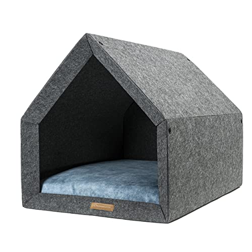 Rexproduct - PetHome Hundehütte mit Liegefläche und Dach I Biss- und Kratzfest I Gute Schalldämmung I Umweltfreundlich & Einfach zu Montieren I Größe L (80x62x64 cm) - Dunkelgrau und Blau von Rexproduct