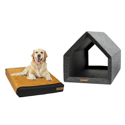 Rexproduct - PetHome Hundehütte mit Liegefläche und Dach I Biss- und Kratzfest I Gute Schalldämmung I Umweltfreundlich & Einfach zu Montieren I Größe L (80x62x64 cm) - Dunkelgrau und Gelb von Rexproduct