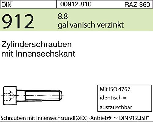 100 Innensechskant Zylinderschrauben DIN 912 8.8 M 5 x 25 verzinkt Stahl von Reyher Hamburg