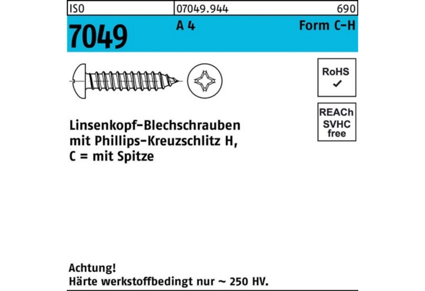 Reyher Blechschraube 1000er Pack Blechschraube ISO 7049 LIKO Spitze/PH C 3,5x 25-H A 4 1000 von Reyher