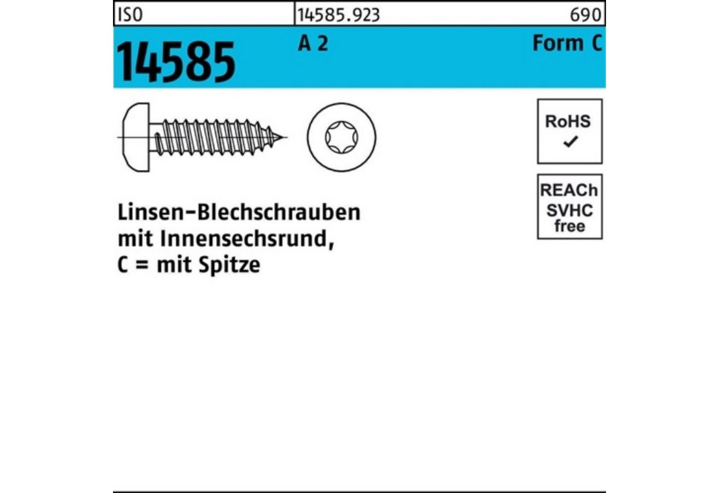 Reyher Blechschraube 1000er Pack Linsenblechschraube ISO 14585 ISR 2,9x 16 -C A 2 T10 1000 von Reyher