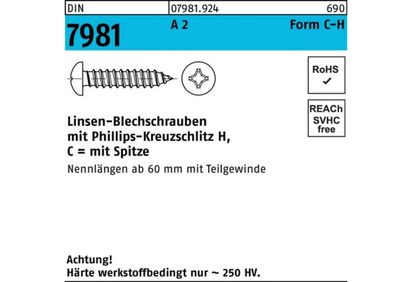 Reyher Blechschraube 100er Pack Blechschraube DIN 7981 LIKO PH C 5,5x 90-H A 2 100 Stück D von Reyher