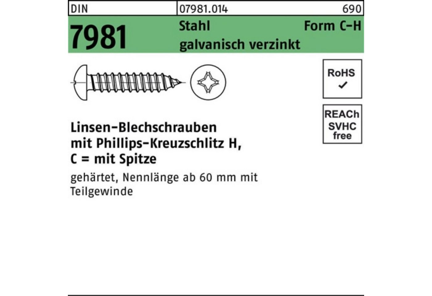 Reyher Blechschraube 100er Pack Blechschraube DIN 7981 LIKO PH C4,8x25-H Stahl galv.verz. S von Reyher