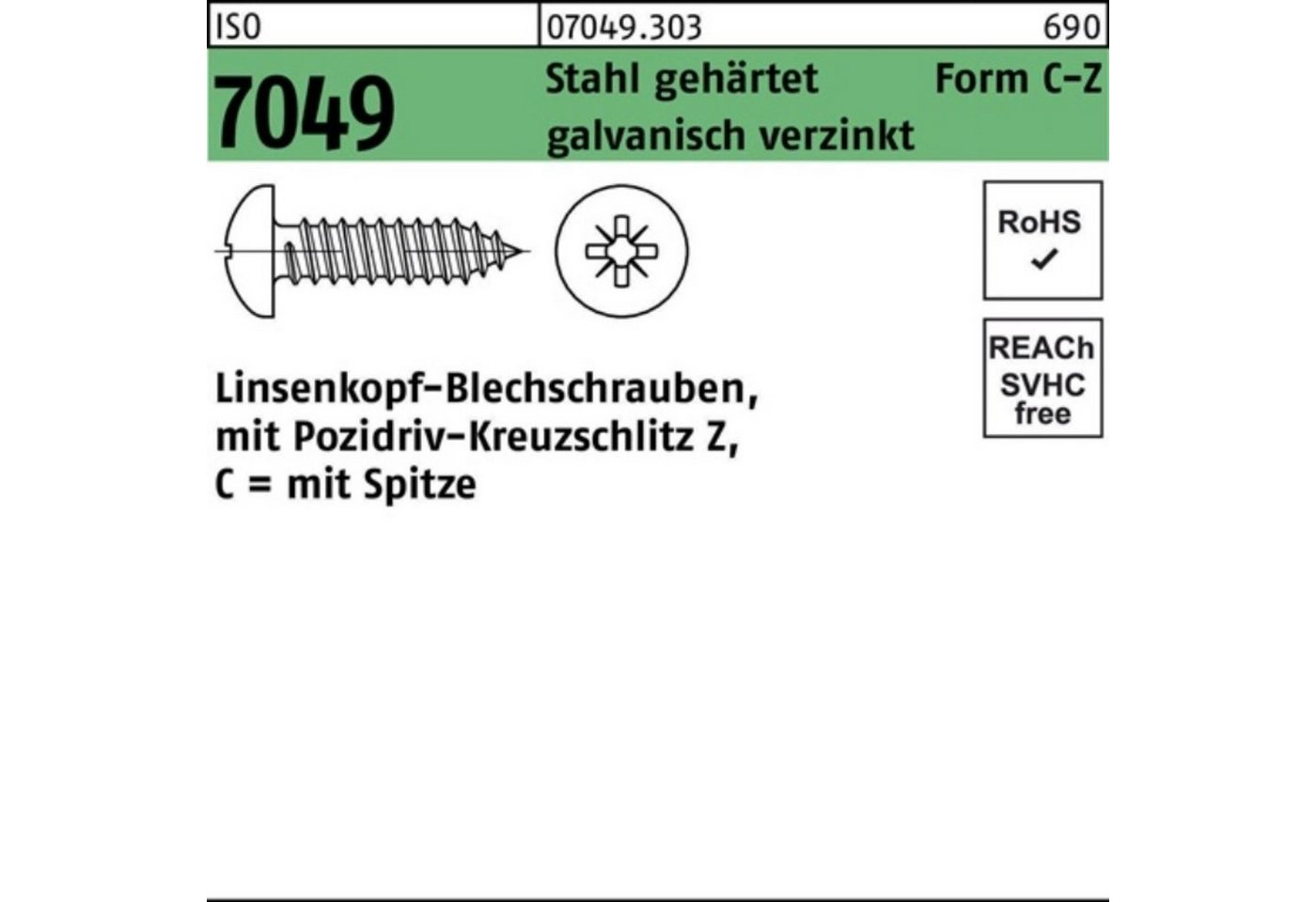 Reyher Blechschraube »100er Pack Blechschraube ISO 7049 LIKO Spitze/PZ 4,8x 19 -C-Z Stahl geh.galv.verz. 100St.ISO 7049 Stahl geh. Form C-Z galvanisch verzinkt Linsenkopf-Blechschrauben mit Spitze mit Pozidriv-Kreuzschlitz Z - Abmessung: 4,8x 19 -C-Z VE=K (100 Stck) Weitere technisc« von Reyher