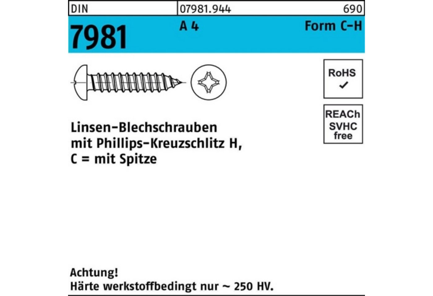 Reyher Blechschraube 500er Pack Blechschraube DIN 7981 LIKO PH C 3,9x 38-H A 4 500 Stück D von Reyher