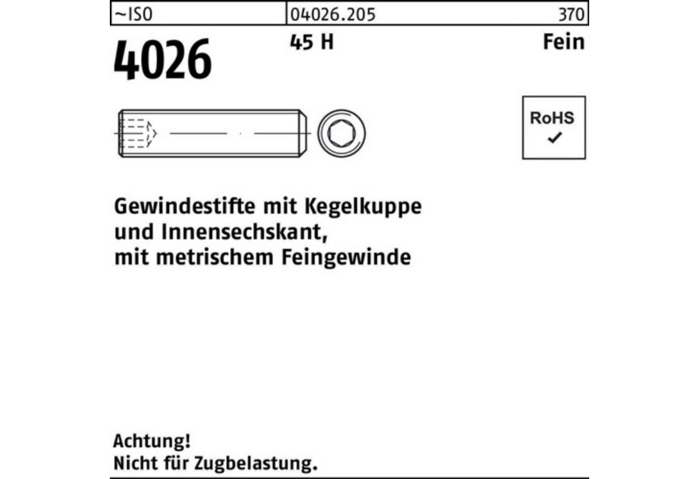 Reyher Gewindebolzen 1000er Pack Gewindestift ISO 4026 Kegelkuppe/Innen-6kt M4x 0,5x 5 45 H von Reyher