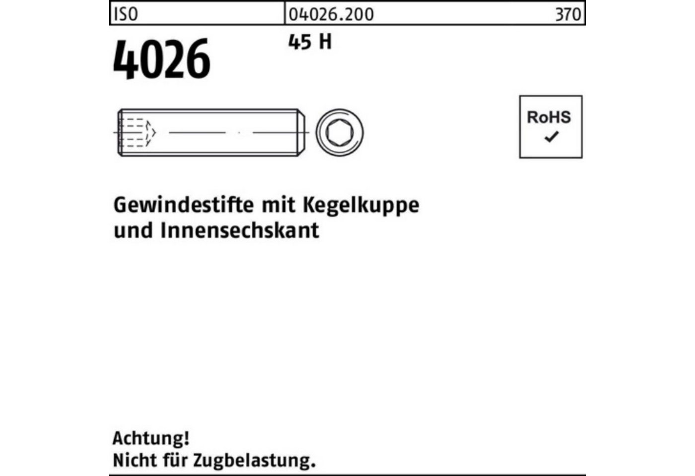 Reyher Gewindebolzen 1000er Pack Gewindestift ISO 4026 Kegelkuppe/Innen-6kt M5x 10 45 H 100 von Reyher