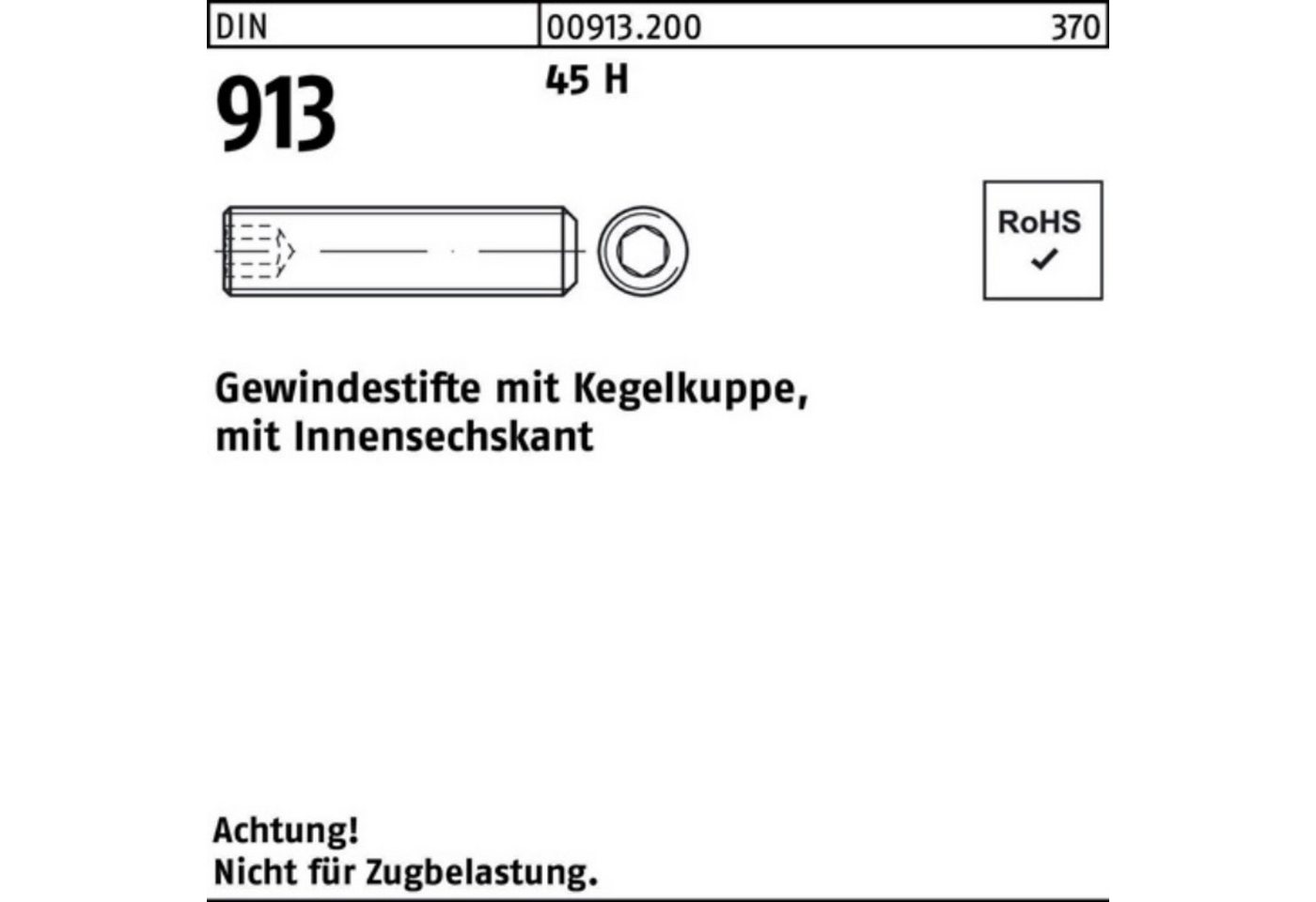 Reyher Gewindebolzen 100er Pack Gewindestift DIN 913 Kegelkuppe/Innen-6kt M14x 50 45 H 50 S von Reyher