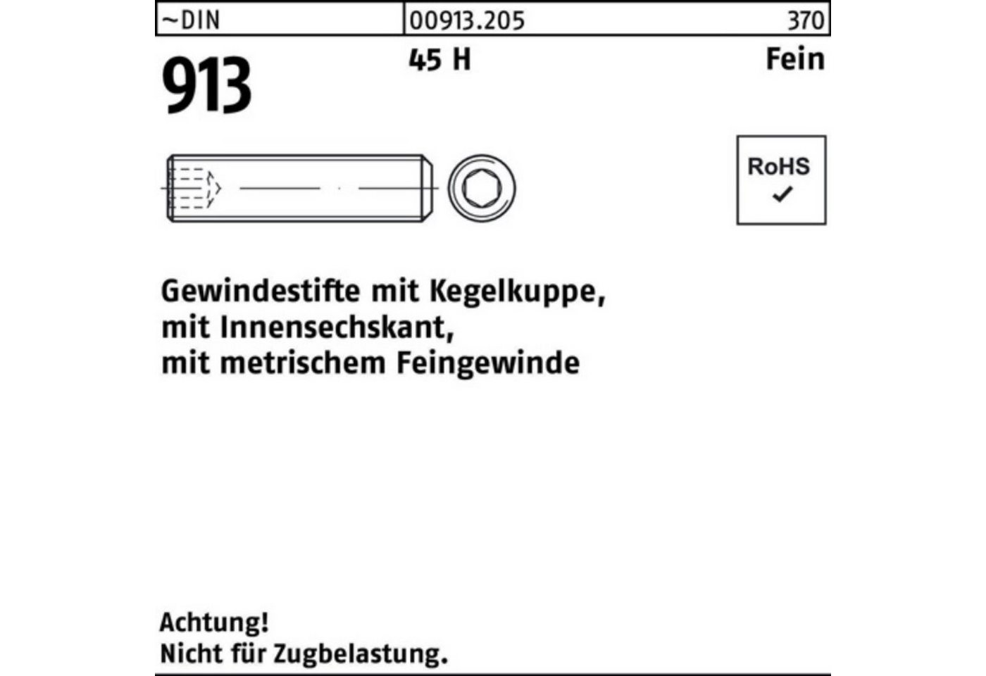 Reyher Gewindebolzen 100er Pack Gewindestift DIN 913 Kegelkuppe/Innen-6kt M14x1,5x40 45 H F von Reyher