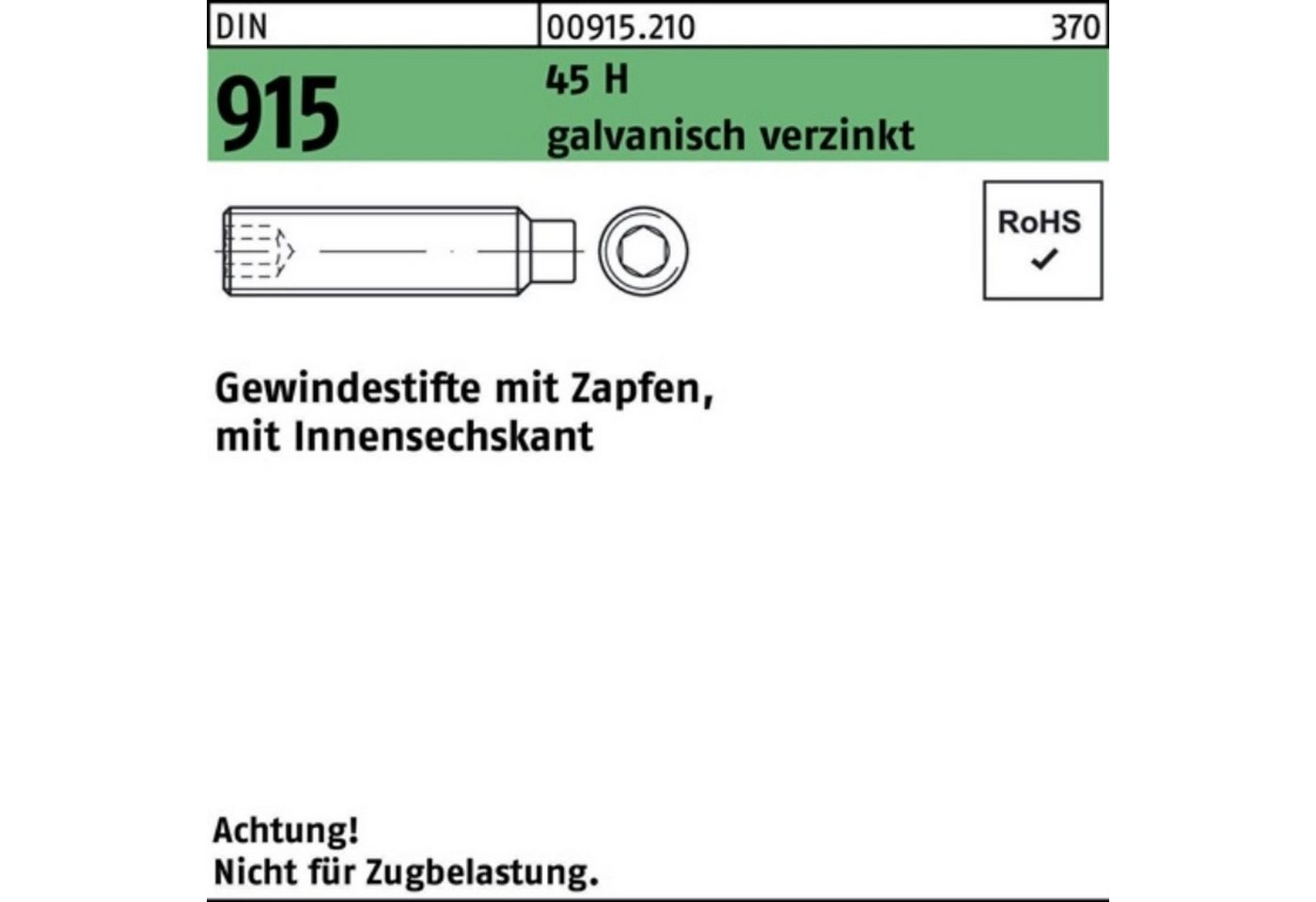 Reyher Gewindebolzen 100er Pack Gewindestift DIN 915 Zapfen/Innen-6kt M20x40 45 H galv.verz von Reyher