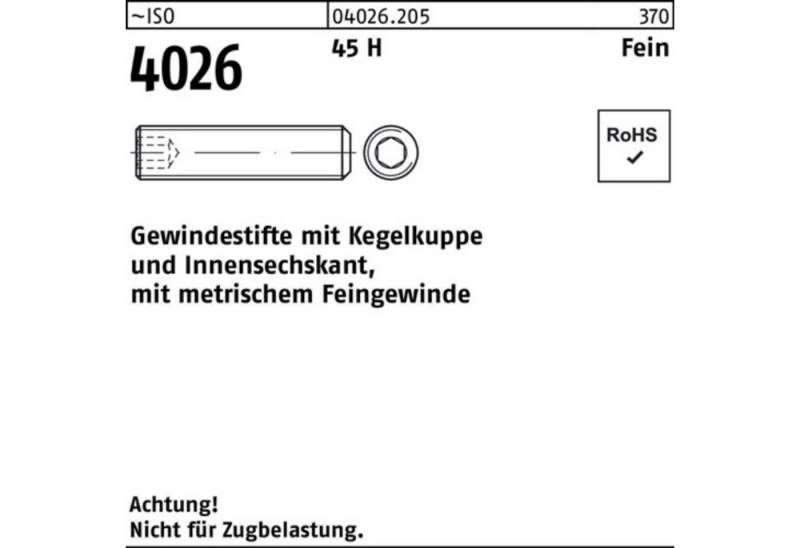 Reyher Gewindebolzen 100er Pack Gewindestift ISO 4026 Kegelkuppe/Innen-6kt M14x 1,5x 30 45 von Reyher