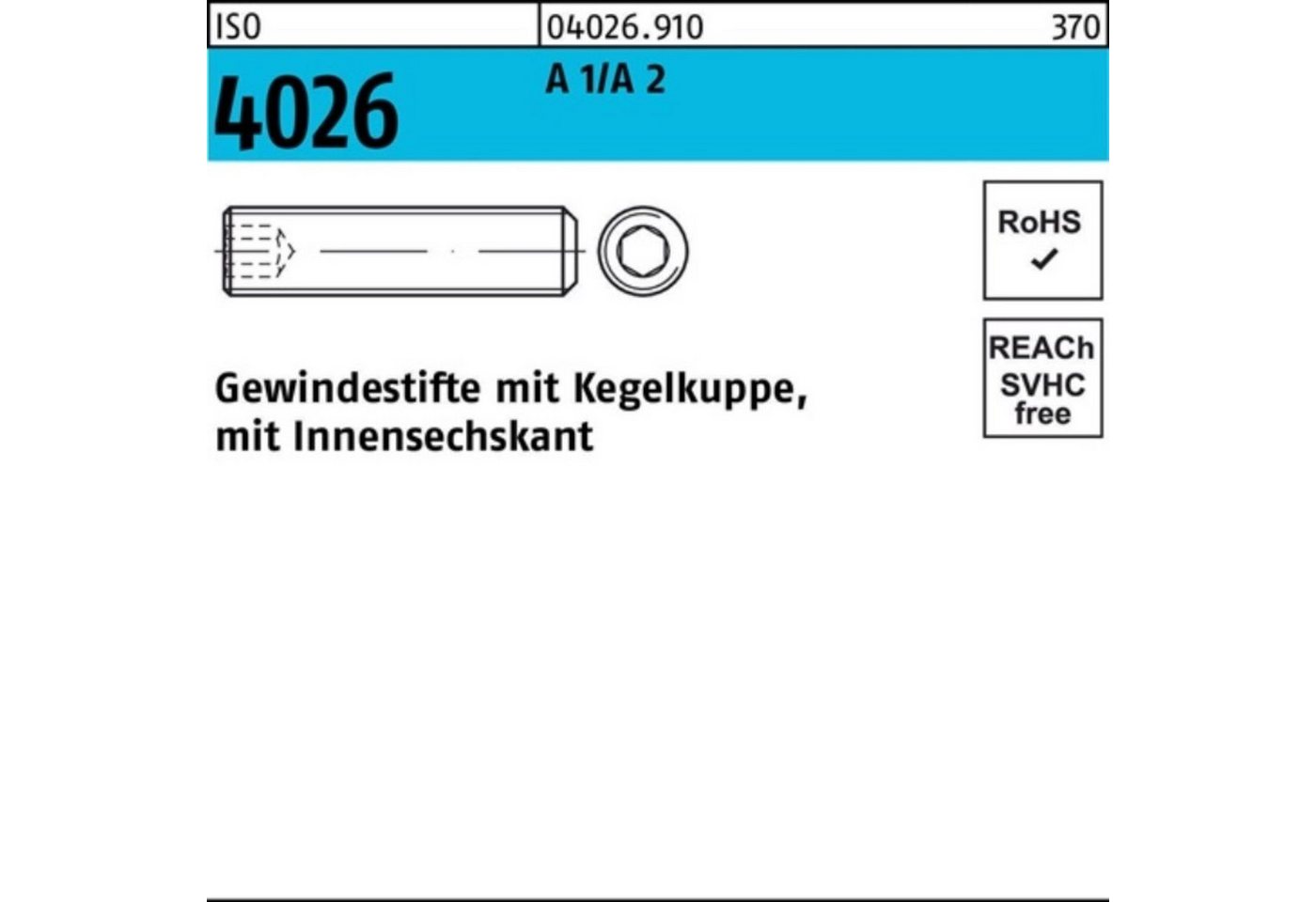 Reyher Gewindebolzen »100er Pack Gewindestift ISO 4026 Kegelkuppe/Innen-6kt M16x 16 A 1/A 2« von Reyher