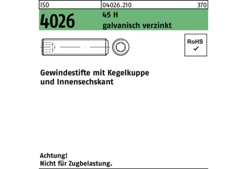 Reyher Gewindebolzen 100er Pack Gewindestift ISO 4026 Kegelkuppe/Innen-6kt M20x90 45 H galv von Reyher