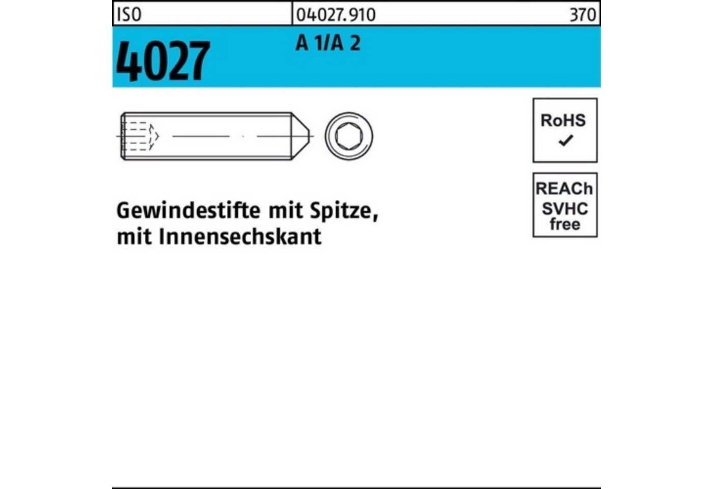 Reyher Gewindebolzen 100er Pack Gewindestift ISO 4027 Spitze/Innen-6kt M12x 60 A 2 25 Stüc von Reyher