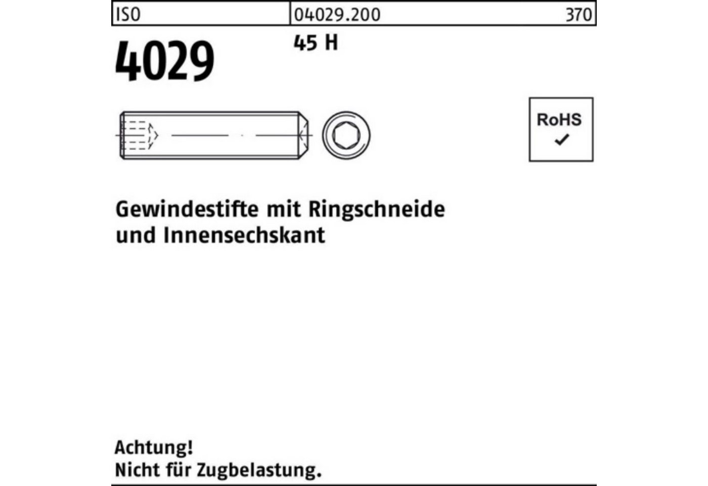 Reyher Gewindebolzen »100er Pack Gewindestift ISO 4029 Ringschneide/Innen-6kt M20x 50 45 H 5« von Reyher