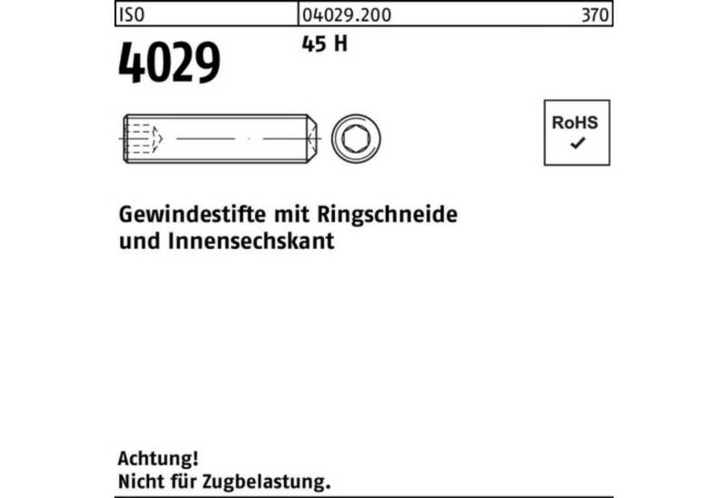 Reyher Gewindebolzen 100er Pack Gewindestift ISO 4029 Ringschneide/Innen-6kt M8x 70 45 H 10 von Reyher