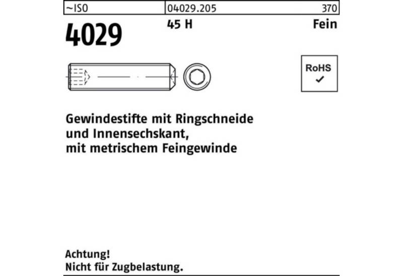 Reyher Gewindebolzen 200er Pack Gewindestift ISO 4029 Ringschneide/Innen-6kt M10x1x20 45 H von Reyher