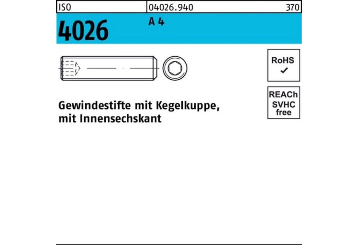 Reyher Gewindebolzen »500er Pack Gewindestift ISO 4026 Kegelkuppe/Innen-6kt M4x 20 A 4 500 S« von Reyher