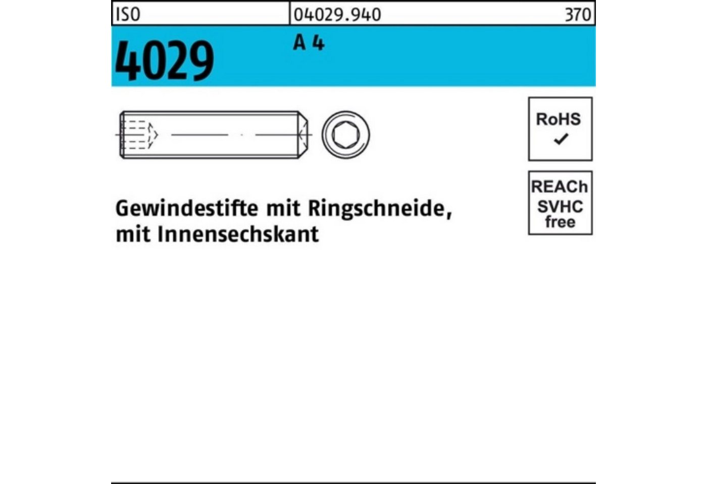 Reyher Gewindebolzen 500er Pack Gewindestift ISO 4029 Ringschneide/Innen-6kt M6x 16 A 4 500 von Reyher