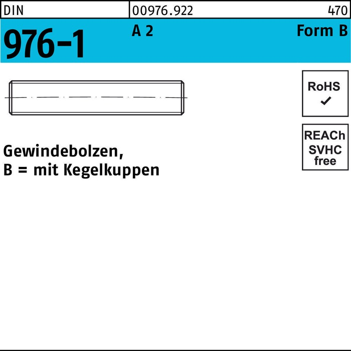 Reyher Gewindebolzen Bolzen Din 976 Mit Kegelkuppen Bm 8 X 55 A 2 100 Stück B-Ware von Reyher